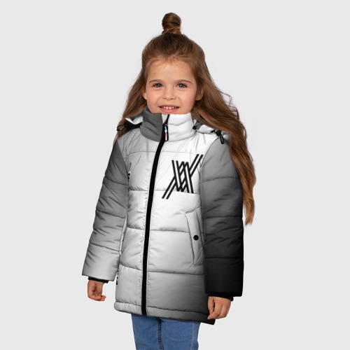 Зимняя куртка для девочек 3D с принтом Darling in the Franxx glitch на светлом фоне: надпись, символ, фото на моделе #1