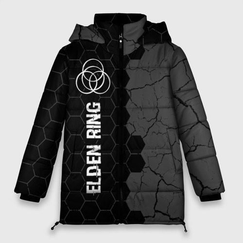 Женская зимняя куртка 3D с принтом Elden Ring glitch на темном фоне: по-вертикали, вид спереди #2