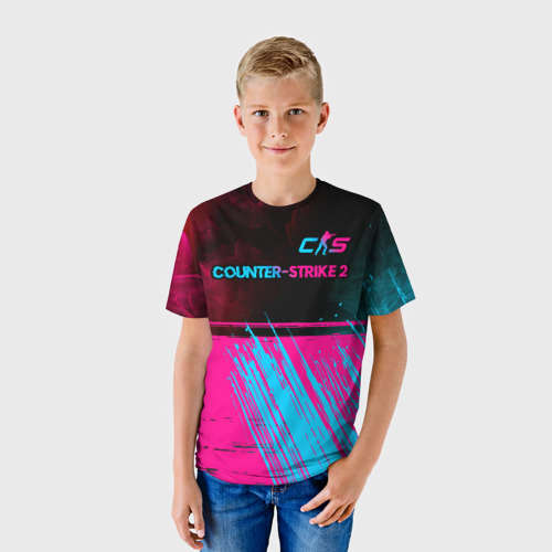 Детская футболка 3D Counter-Strike 2 - neon gradient: символ сверху, цвет 3D печать - фото 3