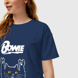 Футболка с принтом David Bowie rock cat для женщины, вид на модели спереди №2. Цвет основы: темно-синий