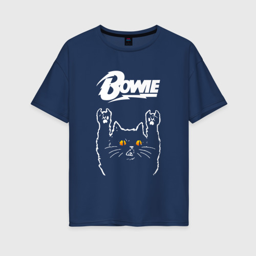 Женская футболка из хлопка оверсайз с принтом David Bowie rock cat, вид спереди №1