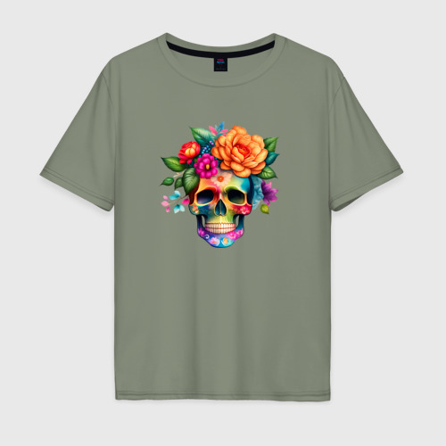 Мужская футболка хлопок Oversize с принтом Череп с цветами в мексиканском стиле, вид спереди #2