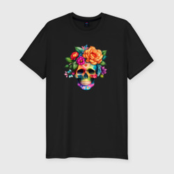 Мужская футболка хлопок Slim Череп с цветами в мексиканском стиле
