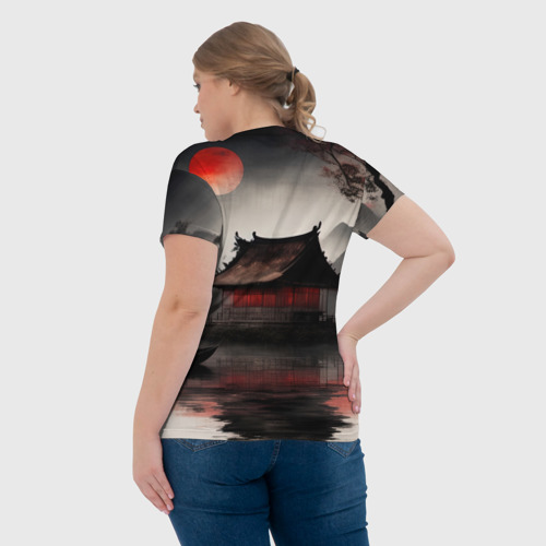 Женская футболка 3D с принтом Домик на озере, вид сзади #2