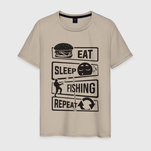 Мужская футболка хлопок Eat sleep fishing repeat, цвет миндальный