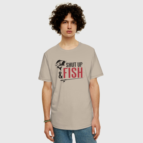 Мужская футболка хлопок Oversize с принтом Shut up and fish, фото на моделе #1