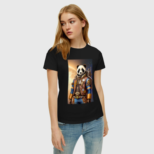 Женская футболка хлопок с принтом Панда-космонавт - стимпанк - нейросеть, фото на моделе #1