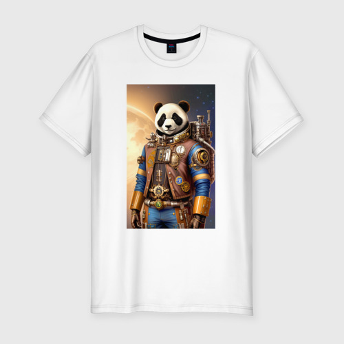 Мужская футболка хлопок Slim с принтом Панда-космонавт - стимпанк - нейросеть, вид спереди #2