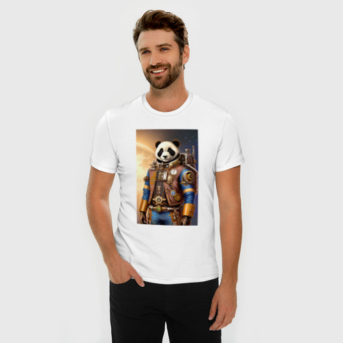 Мужская футболка хлопок Slim с принтом Панда-космонавт - стимпанк - нейросеть, фото на моделе #1