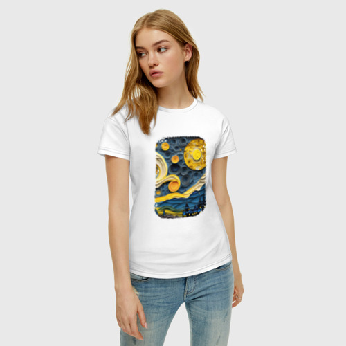 Женская футболка хлопок с принтом Starry Night Voyage, фото на моделе #1