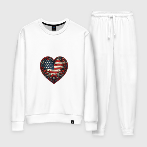 Женский костюм хлопок Сердце с цветами флаг США, цвет белый