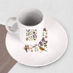 Набор: тарелка   кружка с принтом Цветение и птички для любого человека, вид спереди №3. Цвет основы: белый