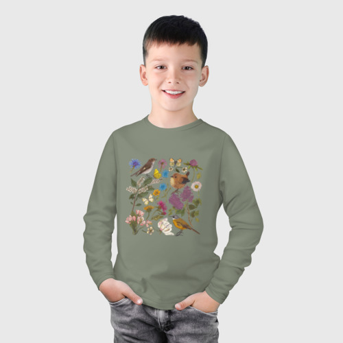 Детский лонгслив хлопок с принтом Цветение и птички, фото на моделе #1
