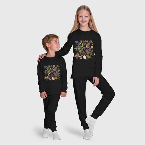Детская пижама с лонгсливом хлопок Цветение и птички, цвет черный - фото 9
