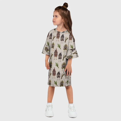 Детское платье 3D с принтом Избушки и сосновые веточки, фото на моделе #1