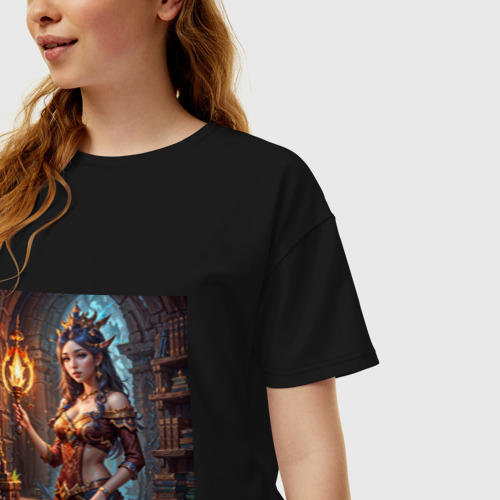 Женская футболка хлопок Oversize Девушка с керосиновой лампой в стиле фэнтези, цвет черный - фото 3