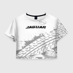 Женская футболка Crop-top 3D Jaguar Speed на светлом фоне со следами шин: символ сверху