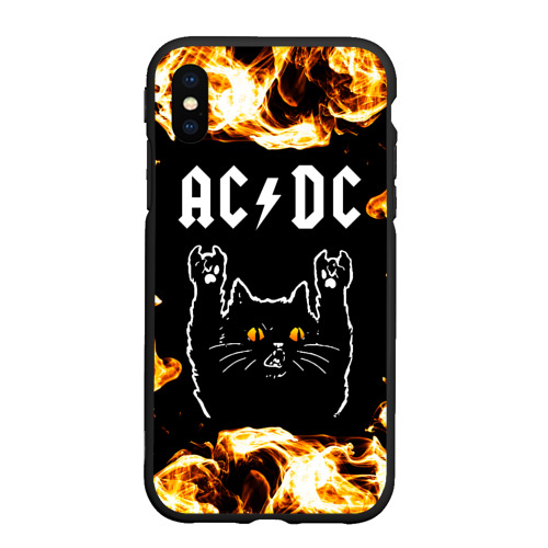 Чехол для iPhone XS Max матовый с принтом AC DC рок кот и огонь, вид спереди #2