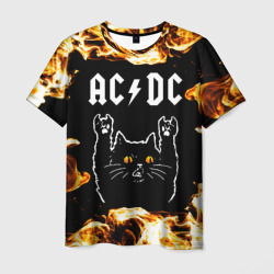 Мужская футболка 3D AC DC рок кот и огонь