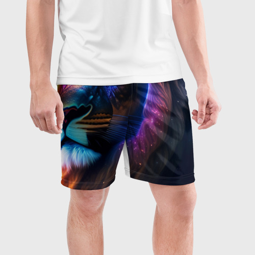 Мужские шорты спортивные Лев с радужной гривой и голубыми глазами, цвет 3D печать - фото 3