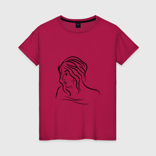 Женская футболка хлопок Контурный портрет девушки, цвет маджента