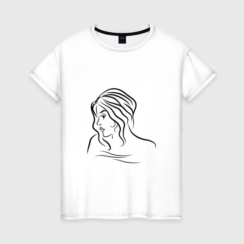 Женская футболка из хлопка с принтом Контурный портрет девушки, вид спереди №1