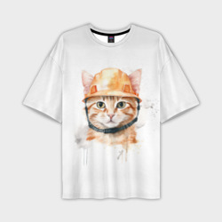 Мужская футболка oversize 3D Акварельный кот в строительной каске