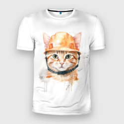 Мужская футболка 3D Slim Акварельный кот в строительной каске