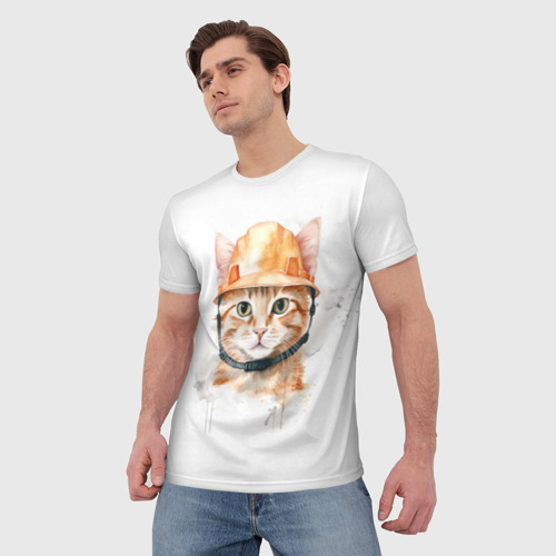 Мужская футболка 3D Акварельный кот в строительной каске, цвет 3D печать - фото 3