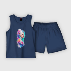 Детская пижама с шортами хлопок Девушка блондинка в цветах вертикальная акварель