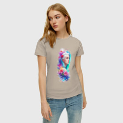 Женская футболка хлопок Девушка блондинка в цветах вертикальная акварель - фото 2