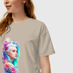 Женская футболка хлопок Oversize Девушка блондинка в цветах вертикальная акварель - фото 2