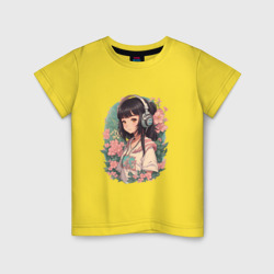 Детская футболка хлопок Девочка в стиле анимэ в наушниках среди цветов портрет