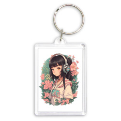 Брелок прямоугольный 35*50 Девочка в стиле анимэ в наушниках среди цветов портрет