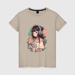Женская футболка хлопок Девочка в стиле анимэ в наушниках среди цветов портрет