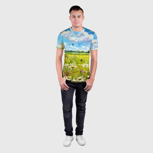 Мужская футболка 3D Slim Россия - летнее цветочное поле, цвет 3D печать - фото 4