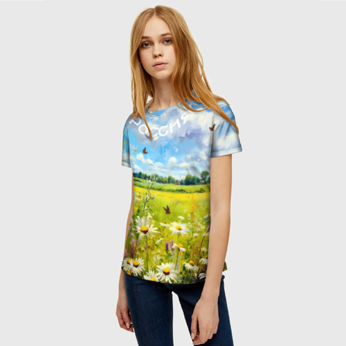 Женская футболка 3D с принтом Россия - летнее цветочное поле, фото на моделе #1