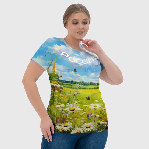 Женская футболка 3D с принтом Россия - летнее цветочное поле, фото #4