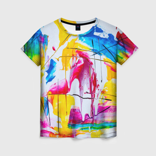 Женская футболка с принтом Красочная картина - разноцветная абстракция, вид спереди №1