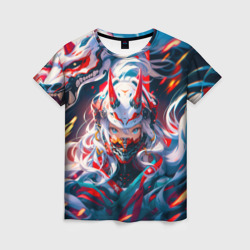 Женская футболка 3D Девушка киберсамурай и дракон от нейросети
