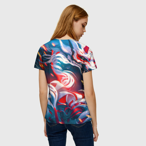 Женская футболка 3D Девушка киберсамурай и дракон от нейросети, цвет 3D печать - фото 4