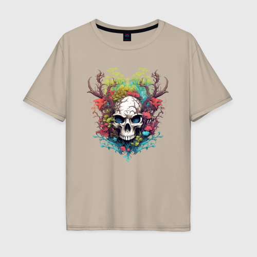 Мужская футболка хлопок Oversize Лесной Дух с Рогами, цвет миндальный