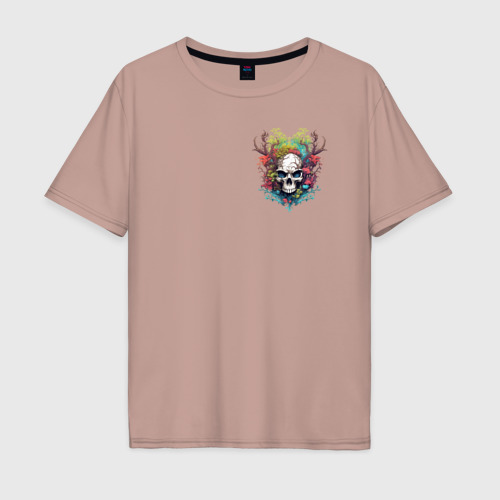 Мужская футболка хлопок Oversize Лесной Дух с Черепом и Рогами, цвет пыльно-розовый