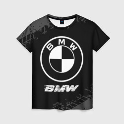 Женская футболка 3D BMW Speed на темном фоне со следами шин