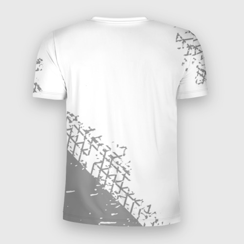 Мужская футболка 3D Slim с принтом Dongfeng Speed на светлом фоне со следами шин: надпись, символ, вид сзади #1
