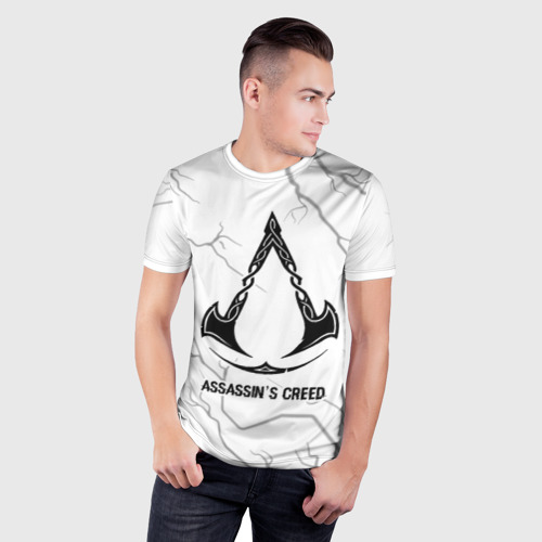 Мужская футболка 3D Slim с принтом Assassin's Creed glitch на светлом фоне, фото на моделе #1
