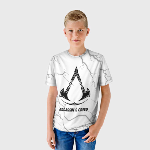 Детская футболка 3D с принтом Assassin's Creed glitch на светлом фоне, фото на моделе #1
