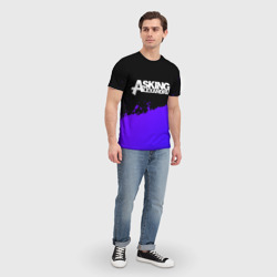 Футболка с принтом Asking Alexandria purple grunge для мужчины, вид на модели спереди №3. Цвет основы: белый
