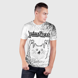 Мужская футболка 3D Slim Judas Priest рок кот на светлом фоне - фото 2