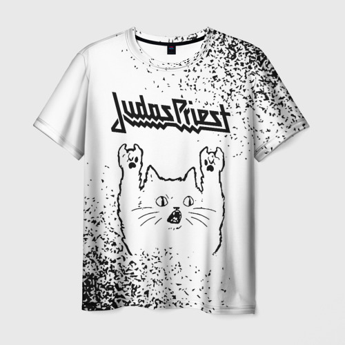 Мужская футболка с принтом Judas Priest рок кот на светлом фоне, вид спереди №1